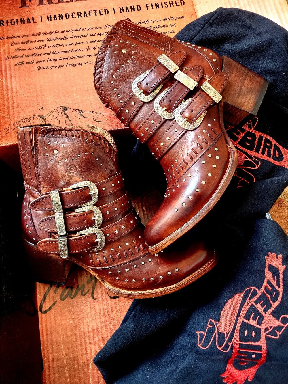 ❤️Freebird by Steven Brown Leather Studded Buckle Ankle Boots
